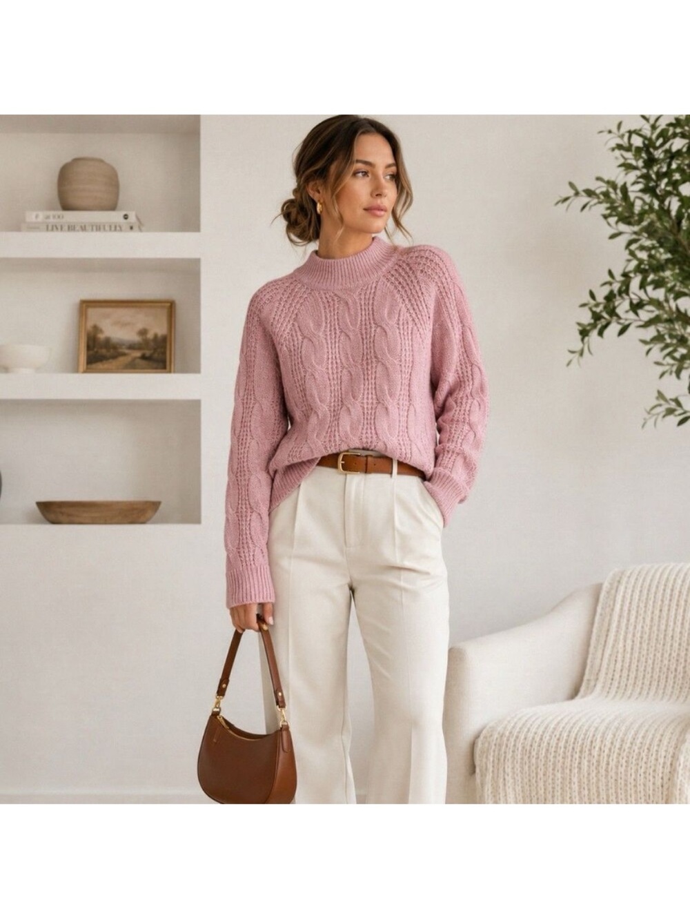 J. Crew Dusty Pink Mockneck  Cable-Knit Alpaca Sweater - Medium